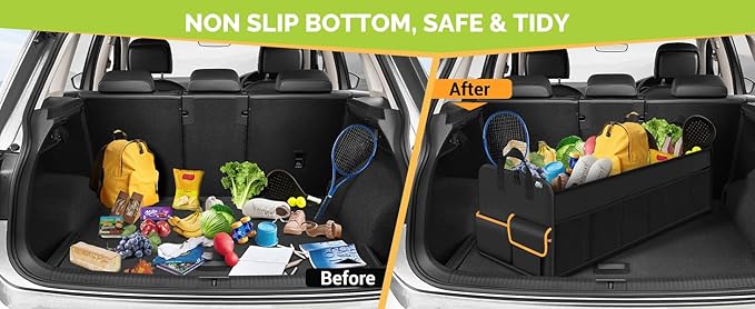 MIU COLOR Trunk Organizer for SUV, Collapsible Trunk Organizer for Car, Non-Slip Bottom, Storage Organizer for Sedans, Van, Jeep, Grocery, Large 4 Compartments, Black Mixed Orange 32"×13"×12"