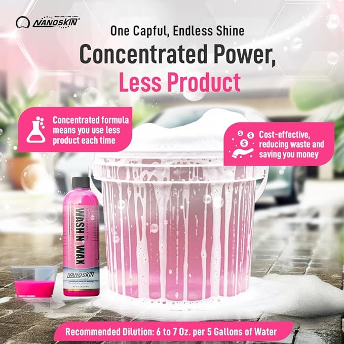 Nanoskin WASH N' WAX with Carnauba 16 Oz. - Cleans & Shines in One Step | Works with Foam Cannon, Foam Gun, Bucket Washes, Pressure Washer | Carnauba Wax Protection for Cars