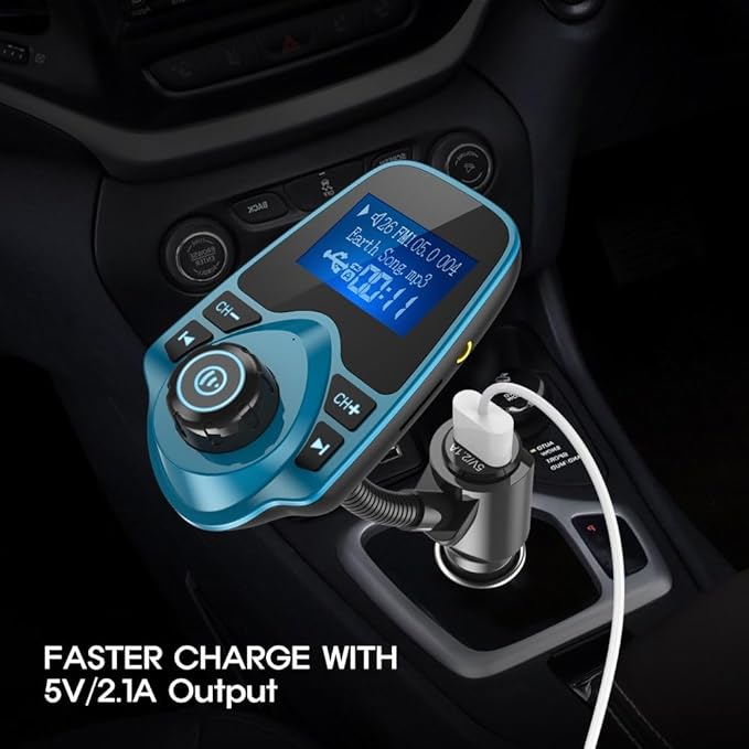 Nulaxy Bluetooth Car FM Transmitter Audio Adapter Receiver Wireless Handsfree Voltmeter Car Kit TF Card AUX 1.44 Display – KM18 Peacock Blue
