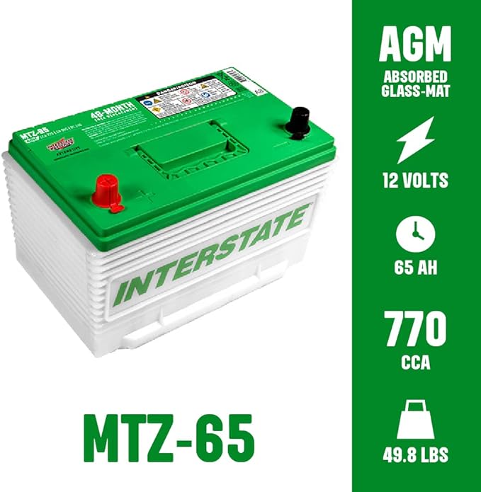 Interstate Batteries Automotive Battery 12V 65Ah 770CCA (MTZ-65) Automobile SLI AGM Starting Replacement Battery (Group Size 65) Cars, SUVs, Sedans, Trucks