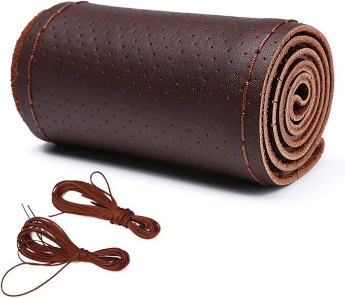 DEEYOTA Car Steering Wheel Cover Universal Fit Round Stitch Steering Wheel Wrap Thin PU Leather Steering Wheel Cover Sewn on 15" Car Wheel (Coffee)