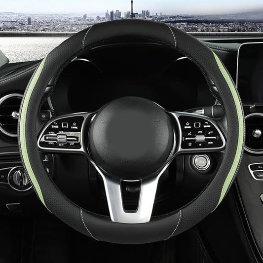 Car Steering Wheel Cover, Leather Steering Wheel Cover Green Universal 14.5-15 Inch Microfiber Leather Anti-Slip Breathable Auto Steering Wheel Covers for Men Women (Black&Green)