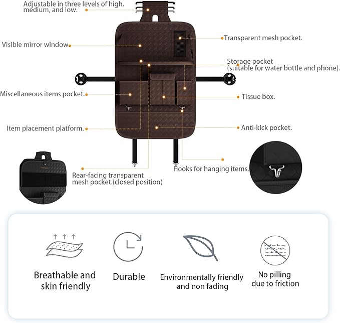 GMQ Back Seat Car Organizer 1 Pack,Backseat Organizer with Tray,Multifunctional Car Seat Back Storage Box with Foldable Tablet Holder (Coffee, Weave)