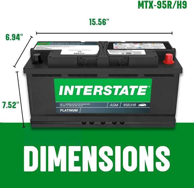 Interstate Batteries Automotive Battery 12V 100Ah (Group Size H9, 95R) 950CCA SLI AGM Automobile Replacement Battery for Cars, SUVs, Sedans, Trucks (MTX-95R/H9)