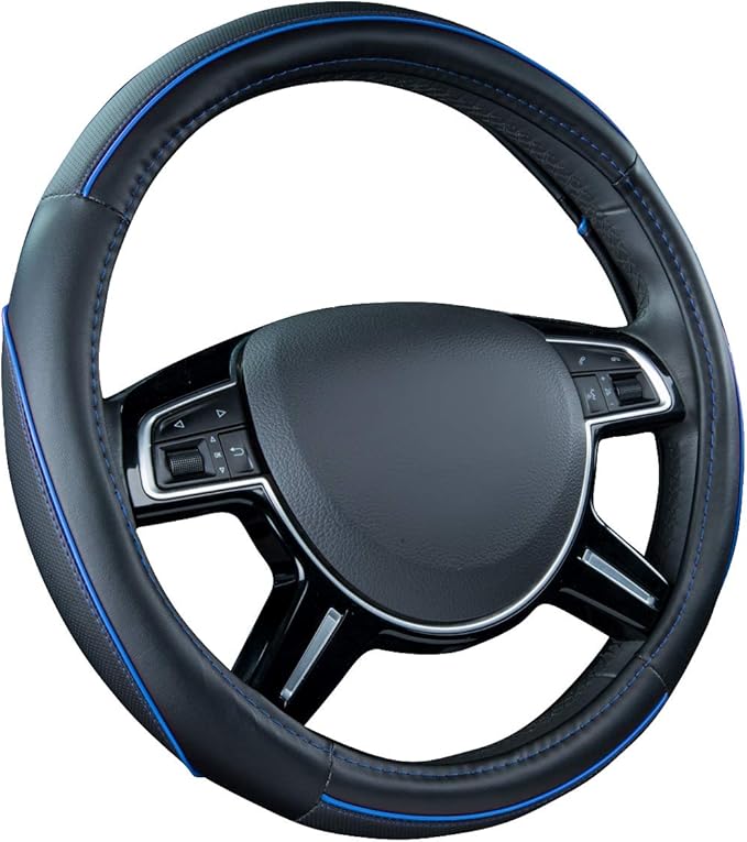 Car Pass Colour Piping Leather Universal Fit Steering Wheel Cover,Perfectly fit for 14.5-15 inches Suvs, Vans, Trucks, Sedans, Cars (Black&Blue)