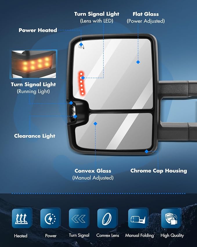 ECCPP Towing Mirrors For 1999-2002 For Chevy Silverado Sierra Power Heated Chrome Towing Mirrors Led Signal Light Pair Set
