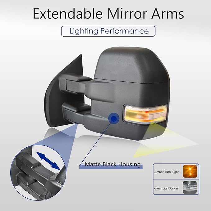 WLLW Towing Mirrors for 2015 2016 2017 2018 2019 2020 Ford F150 Pickup Truck, Power Heated with Turn Signal - 8 Pin Plug (Black Cap)