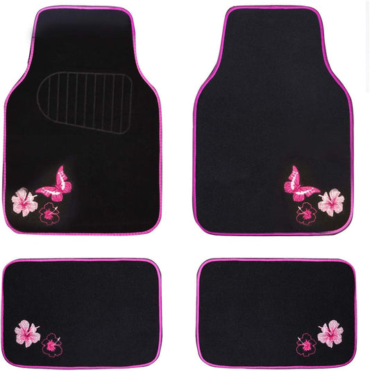 CAR PASS Embroidery Butterfly and Flower Car Floor Mats, Pink Car Floor Mats Universal Fit 95% Automotive,SUVS,Sedan,Vans,for Cute Women,Girly,Set of 4 (Black with Pink)