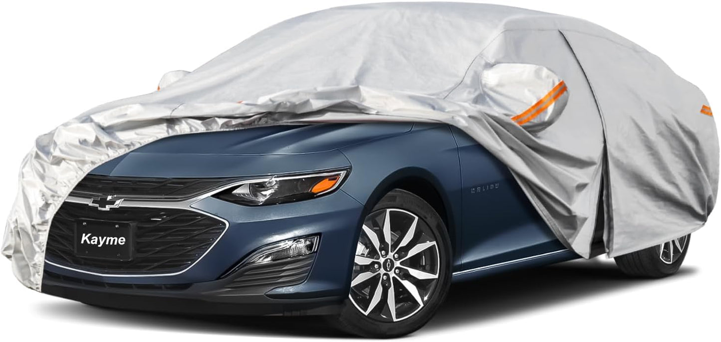 Kayme 6 Layers Car Cover Custom Fit for Chevrolet Chevy Malibu (1997-2025) Waterproof All Weather for Automobiles, Outdoor Full Cover Rain Sun UV Protection.Silver