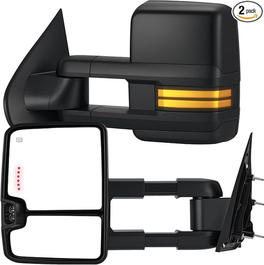 Tow Mirrors Compatible with 2014-2018 Chevy Silverado GMC Sierra, Extended Trailer Towing Side Mirrors with Sequential Switchback Turn Signal, Backup Light, Power Heated Adjustable, Black