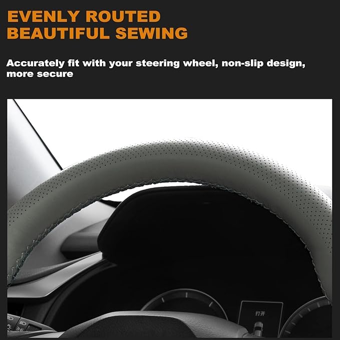 AUTOXBERT 38cm/15 Inch Genuine Leather DIY Steering Wheel Cover Soft Hand Sewing On Wrap Cover with Needles Thread fit for VW Ford Nissan Kia Vauxhall