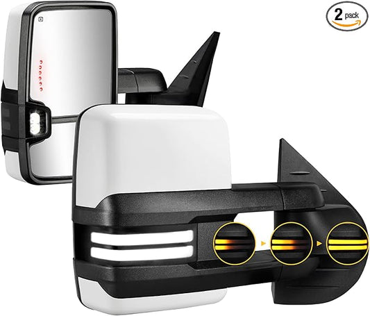 Sanooer Towing Mirrors Painted White Switchback Dynamic Turn Light Compatible with 2007-2013 Chevy Silverado Suburban Tahoe GMC Sierra Yukon with Running Lights Power Glass Backup Lamp Heated Set