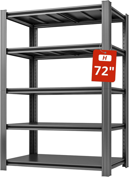 5 Tier Metal Shelving Unit, 72" H x 48" W Adjustable Storage Shelves, Heavy Duty Garage Shelves for Warehouse, Basement, Kitchen, Pantry, Living Room, 2500LBS, Black, 18" D