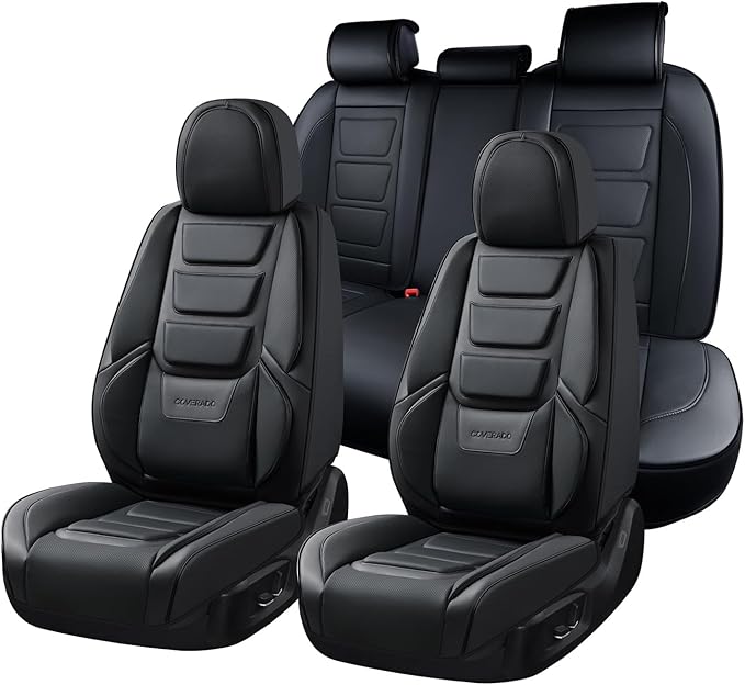 Coverado Car Seat Covers Full Set, Seat Covers for Cars, Front Seat Covers and Back Seat Cover Waterproof Leather Automotive Seat Cover, Universal Car Interior Protectors Cushion for Most Cars Black
