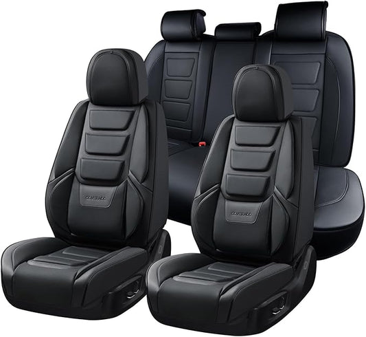 Coverado Car Seat Covers Full Set, Seat Covers for Cars, Front Seat Covers and Back Seat Cover Waterproof Leather Automotive Seat Cover, Universal Car Interior Protectors Cushion for Most Cars Black