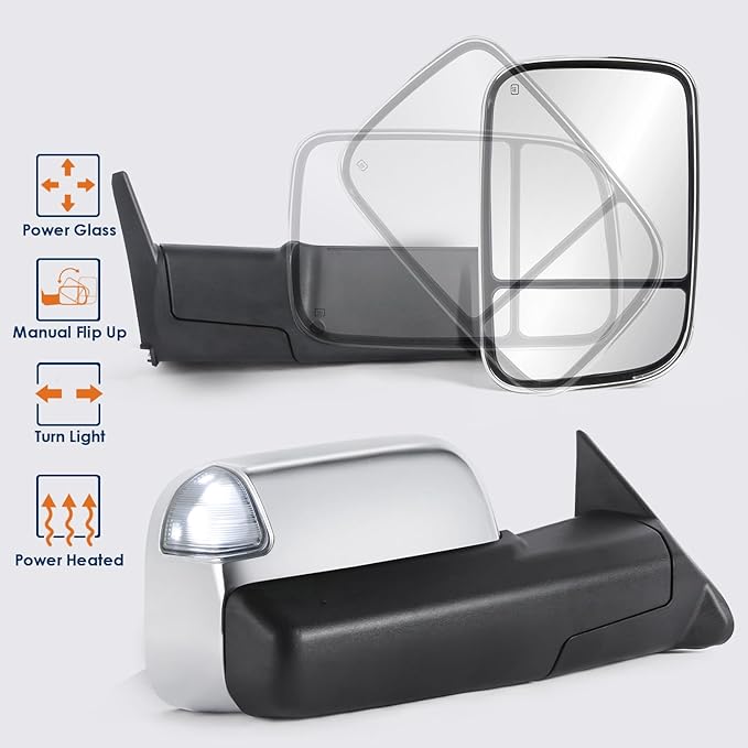 Pair Chrome Power Heated Towing Mirrors Compatible for 1998-2001 Dodge Ram 1500/1998-2002 Dodge Ram 2500 3500 w/White DRL, Led Turn Light