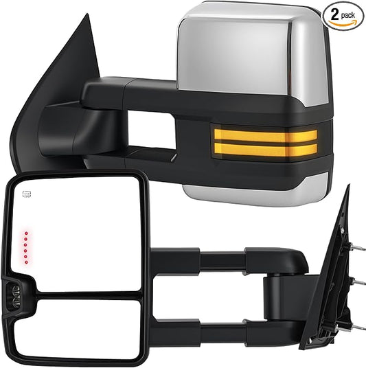 Tow Mirrors Compatible with 2014-2018 Chevy Silverado GMC Sierra, Extended Trailer Towing Side Mirrors with Sequential Switchback Turn Signal, Backup Light, Power Heated Adjustable, Chrome