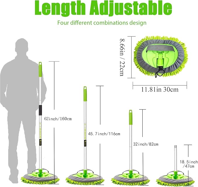 62" Car Wash Brush Mop Kit with Long Handle, 2 in 1 Chenille Microfiber Sponge Mitt Cleaning Detailing Duster for Washing Cars Truck SUV RV Caravans and Household(2 x Mop Head)