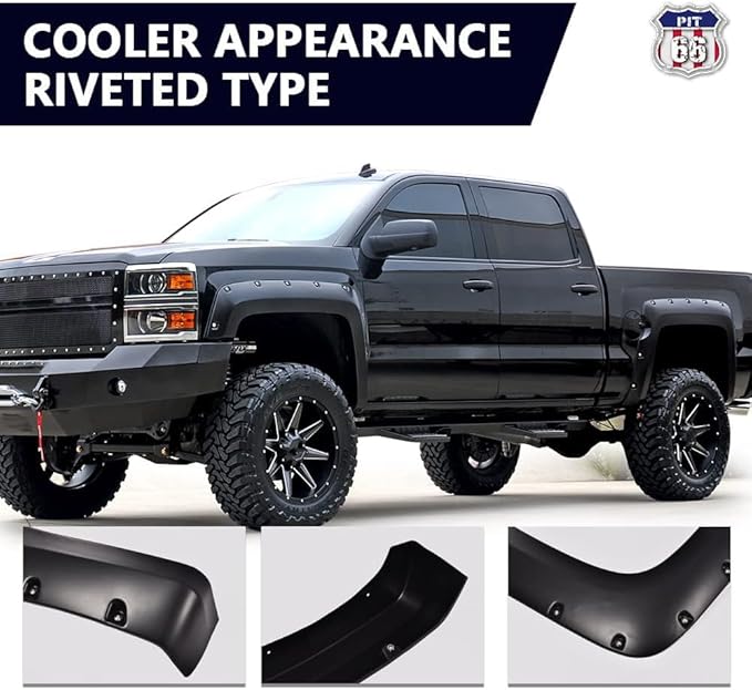 PIT66 Fender Flares, Fit 07-13 Chevy Silverado 1500 (ONLY Fit 5'8" Bed, NOT Fit 6.5'/8' Bed, NOT FIT Z71,Not Fit GMC Sierra) Riveted Style Paintable Smooth Matte Black Pocket Wheel Flares Set, 4 Pcs