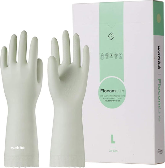 LANON 3 Pairs wahoo Skin-Friendly Cleaning Gloves, Dishwashing Kitchen Gloves with Cotton Flocked Liner, Reusable, Non-Slip, Canary Green, Large