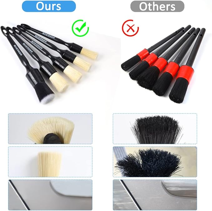 Boars Hair Ultra Soft Detailing Brushes Set, 4 Pcs Premium Natural Boars Bristles, 1 Pcs Duster Detail Brush for Cleaning Car Interior Dashboard Leather Seat