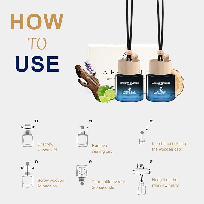 Car Air Freshener Hanging 2 Pack Car Air Fresheners Diffuser - Mahogany Teakwood Fragrance Oil Air Diffuser for Car, 45+ days Long Lasting Fragrance, Two 0.27 FL OZ/8ML Made in USA Car Air Fresheners