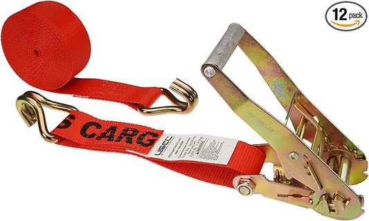US Cargo Control 2 Inch Wide x 18 Foot Long Ratchet Strap with Double J Hooks, Red Double J Hook Ratchet Strap, Secure Cargo with Ease, Case of 12
