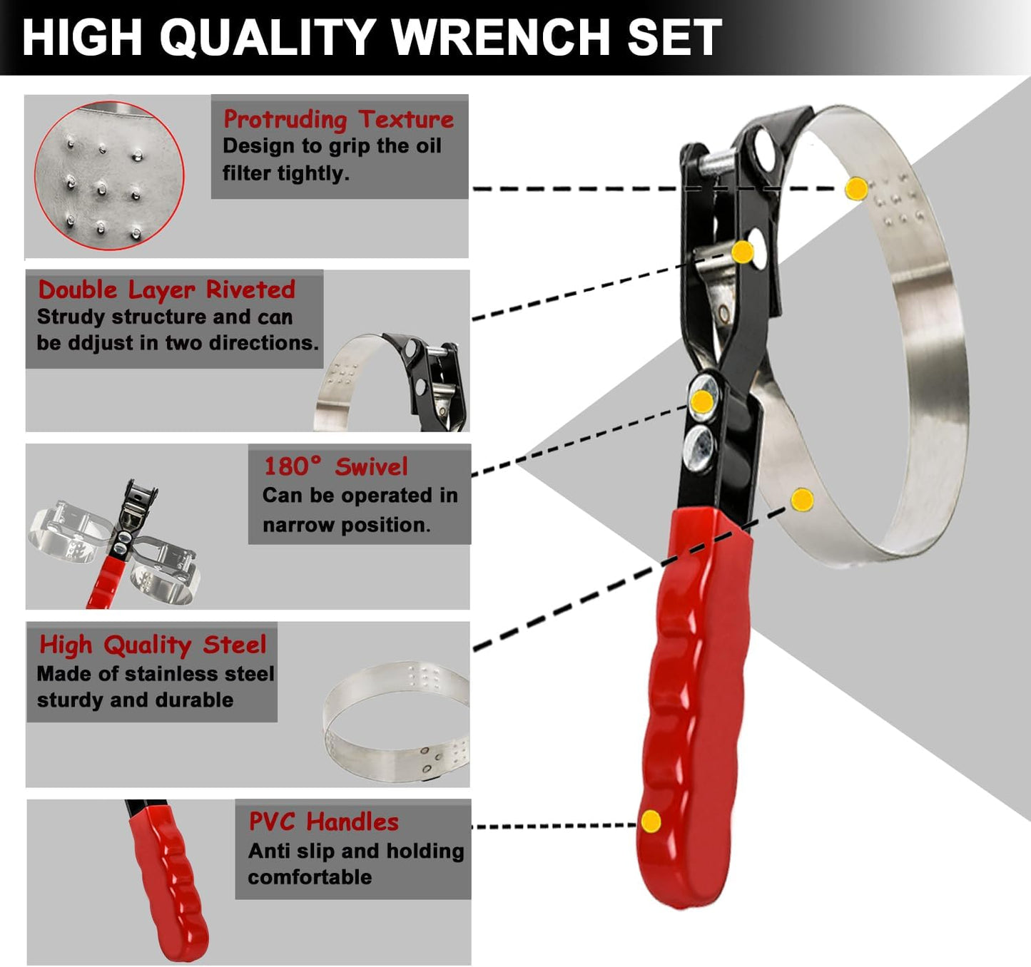 8pcs Oil Filter Wrench Set, 12" Adjustable Oil Filter Pliers with Flexible Oil Funnel, Oil filter Removal Tool Adjustable from 1-1/4"-5-2/5"