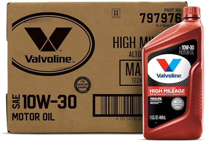 Valvoline High Mileage with MaxLife Technology 10W-30 Synthetic Blend Motor Oil 1 Quart (Pack of 6)