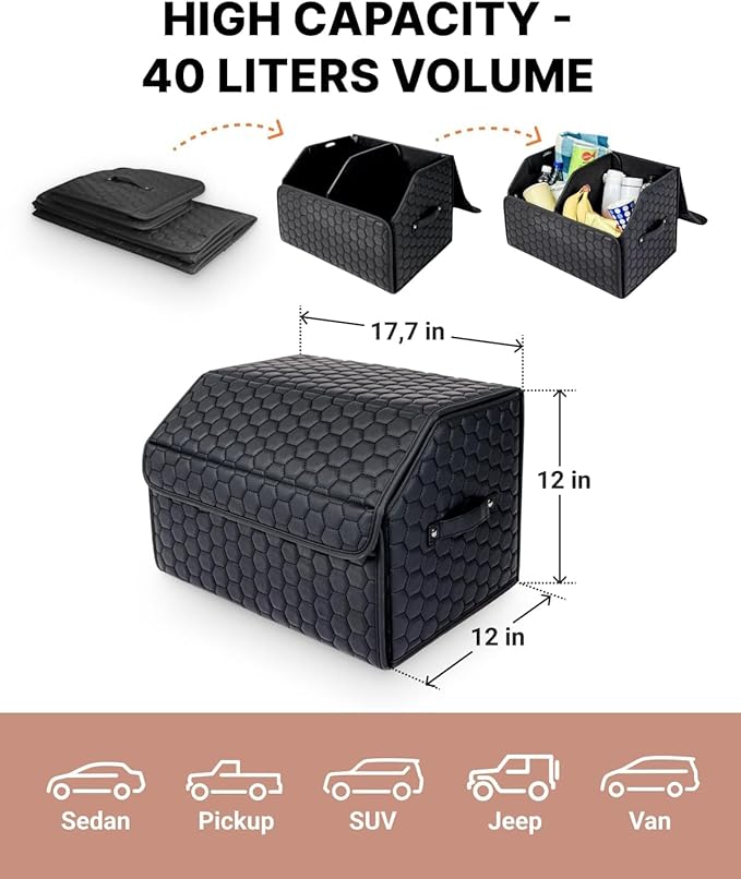 Owleys Cargo Organizer 17.7" - Compact Storage Totes With Lids For SUV, Sedan Or Truck - Durable Car Crate For Travel Essentials - Unique Gifts For Dad (Black 17.7)
