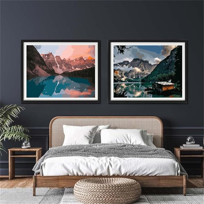 Paint by numbers Kit for adults beginners 2 pack paint by numbers for adults rolled up canvas for home decoration creative wall art with colorful gift box 12x16 inch mountain lake sunset 169-170