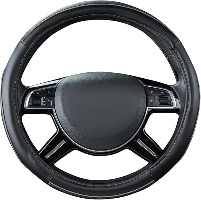 Car Pass Color Piping Microfiber Leather Universal Fit Steering Wheel Cover,Perfectly fit for 14.5-15 inches Suvs,Vans,Trucks,Sedans,Cars,Automotive(Black & Gray or Grey)