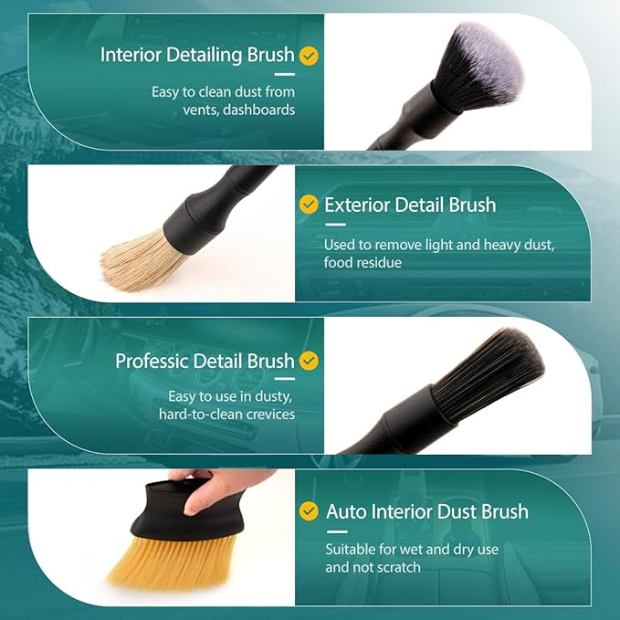 7PCS Car Detailing Brush Set, Ultra Soft Boars Hair Car Interior Detailing Brushes, Car Interior Detailing Kit for Cleaning Interior or Exterior, Car Accessories Interior Tools