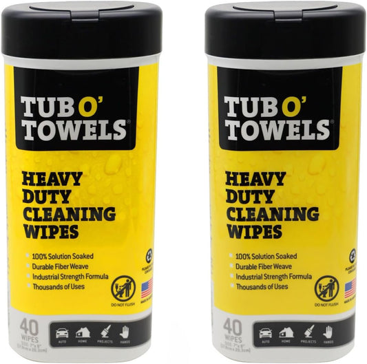 Tub O' Towels Heavy-Duty Multi-Surface Cleaning Wipes, 7" x 8", 40 Count Canister, Removes Grease, Grime, Tough Stains, Durable Disposable White Wipes for Home, Garage, Outdoor Cleaning Tasks, 2-Pack