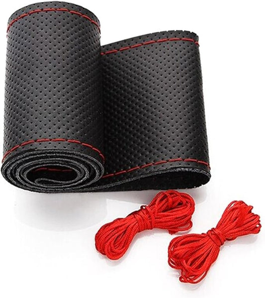 BELINOUS Universal Leather Car Steering Wheel Cover, Stitch On Wrap (Size L5, Black and Red)