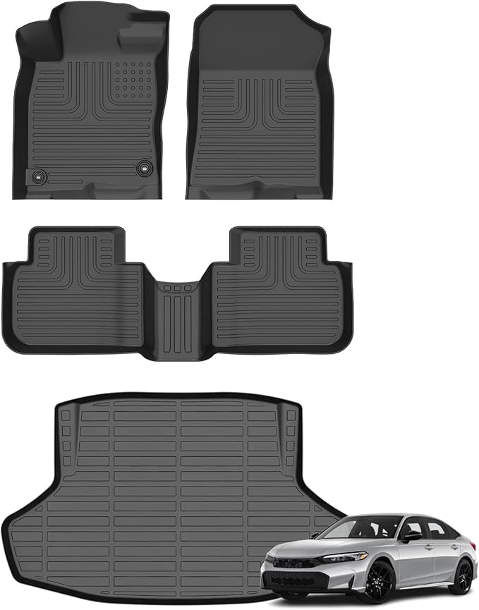Floor Mats & Cargo Liner for Honda Civic Gas (Sedan Only) 2022-2025, All Weather Automotive TPE Floor Liners Set Anti-Slip Waterproof Accessories (Car Mats+Trunk Mat) Black
