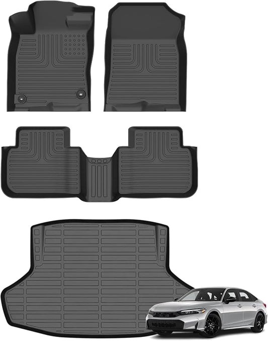 Floor Mats & Cargo Liner for Honda Civic Gas (Sedan Only) 2022-2025, All Weather Automotive TPE Floor Liners Set Anti-Slip Waterproof Accessories (Car Mats+Trunk Mat) Black