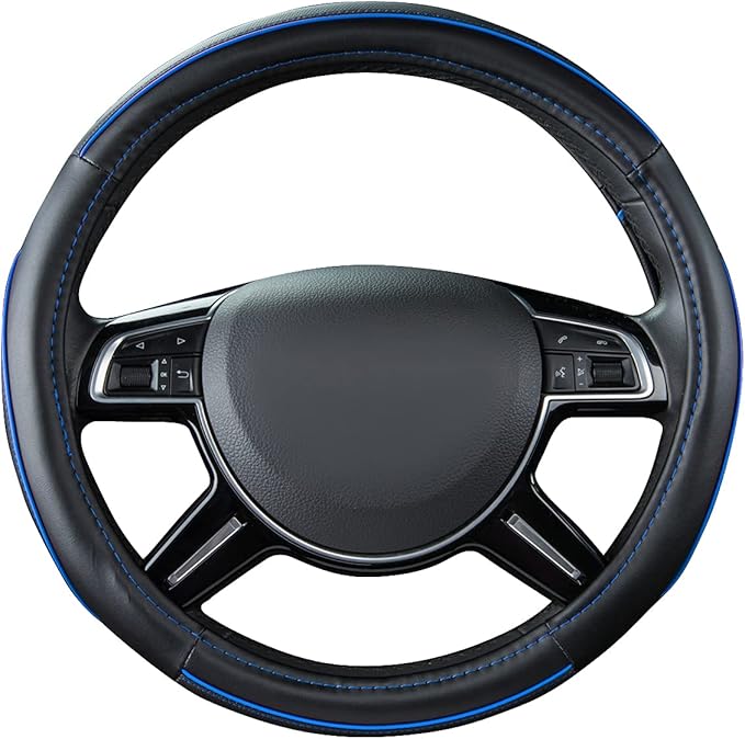Car Pass Colour Piping Leather Universal Fit Steering Wheel Cover,Perfectly fit for 14.5-15 inches Suvs, Vans, Trucks, Sedans, Cars (Black&Blue)