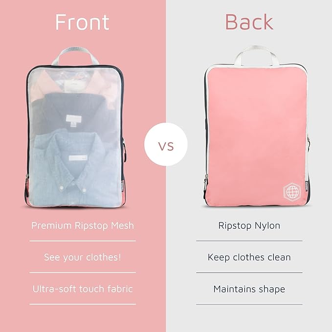 Large Packing Cube Set with See Through Mesh- Compression Packing Cubes Travel Organizers by TRIPPED Travel Gear (Dusty Rose)