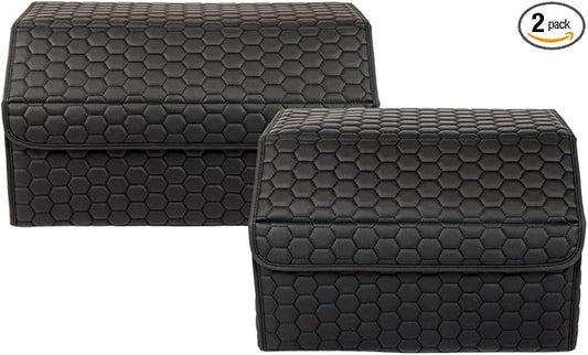 Owleys Car Storage Organizer Bundle - Two Foldable Crates For Groceries, Gear & Trips - Durable SUV And Truck Storage Set - Thoughtful Birthday Gifts For Drivers (Black 17+21)