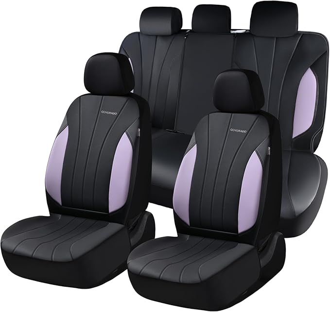 Coverado Car Seat Covers, Waterproof Seat Covers Full Set, Automotive Seat Covers 5 Seats, All-Weather Purple Leather Car Seat Protectors Universal Fit for SUVs Trucks Sedans