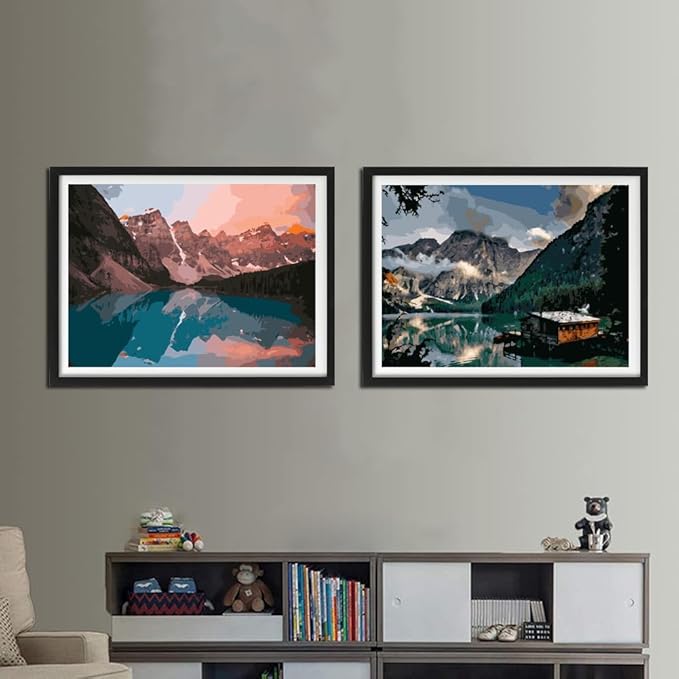 Paint by numbers Kit for adults beginners 2 pack paint by numbers for adults rolled up canvas for home decoration creative wall art with colorful gift box 12x16 inch mountain lake sunset 169-170