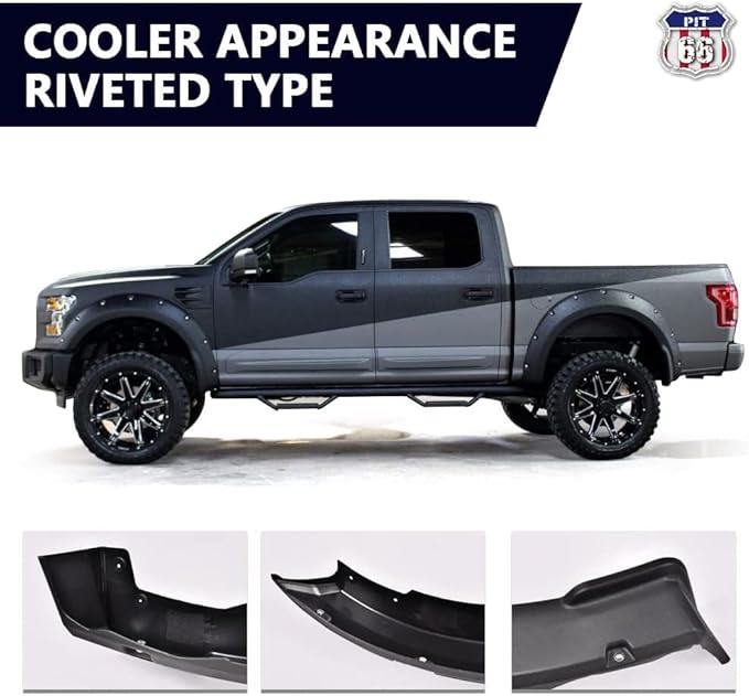 PIT66 Fender Flares, Compatible With 2015-2017 Ford F150 Styleside with 67.0" / 78.8" / 97.4" Length Bed (Not Fit for 68T Technology Pack or Lane Change Sensor) Textured Pocket-Rivet Wheel 4PCS