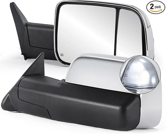 Pair Chrome Power Heated Towing Mirrors Compatible for 1998-2001 Dodge Ram 1500/1998-2002 Dodge Ram 2500 3500 w/White DRL, Led Turn Light