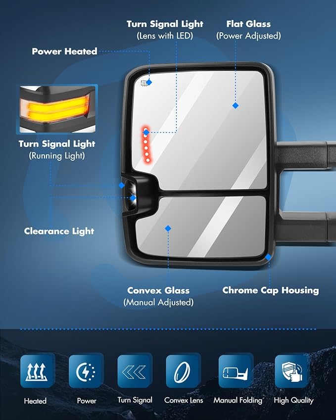 ECCPP Towing Mirrors, Pair of Chrome Exterior Automotive Mirrors fit for 2008-2013 Chevy Silverado GMC Sierra with Dynamic Running Lights Arrow Signal Reversing Lights Power Operation Heated