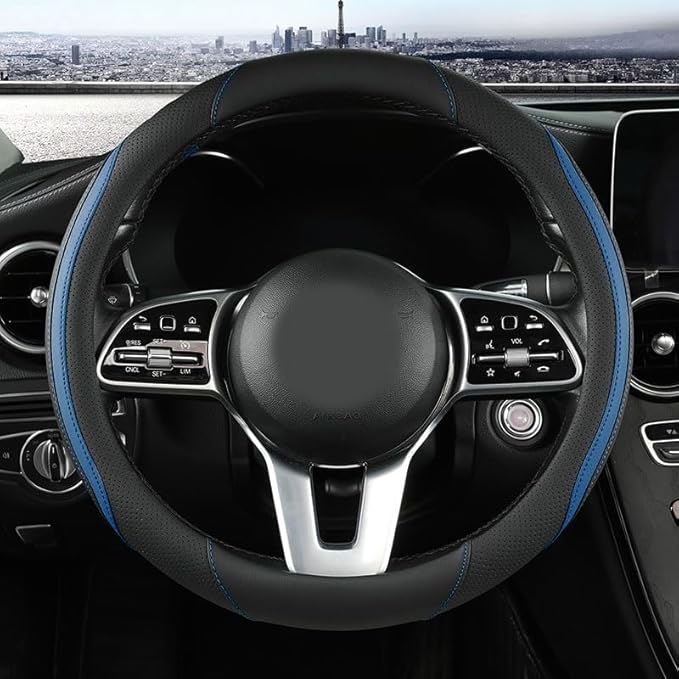 Car Steering Wheel Cover, Leather Steering Wheel Cover Blue Universal 14.5-15 Inch Microfiber Leather Anti-Slip Breathable Auto Steering Wheel Covers for Men Women (Black&Blue-2)