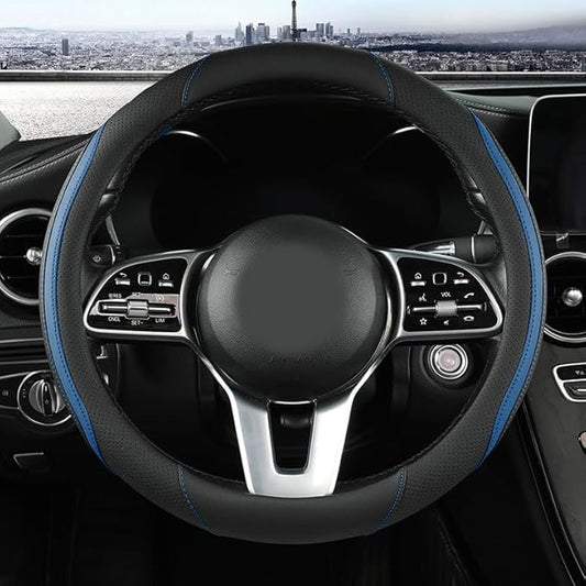 Car Steering Wheel Cover, Leather Steering Wheel Cover Blue Universal 14.5-15 Inch Microfiber Leather Anti-Slip Breathable Auto Steering Wheel Covers for Men Women (Black&Blue-2)