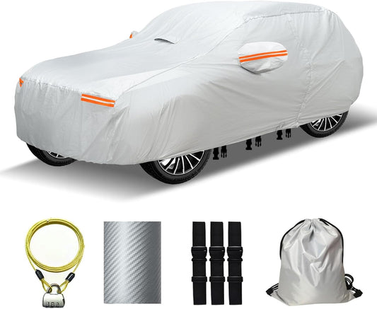 30 Layers SUV Car Cover for Automobiles All Weather Waterproof, Outdoor Snowproof UV Protection Windproof, Door Zipper, Soft Cotton, Heavy Duty Universal Car Covers, (Silver, Fit SUV 181"-190")