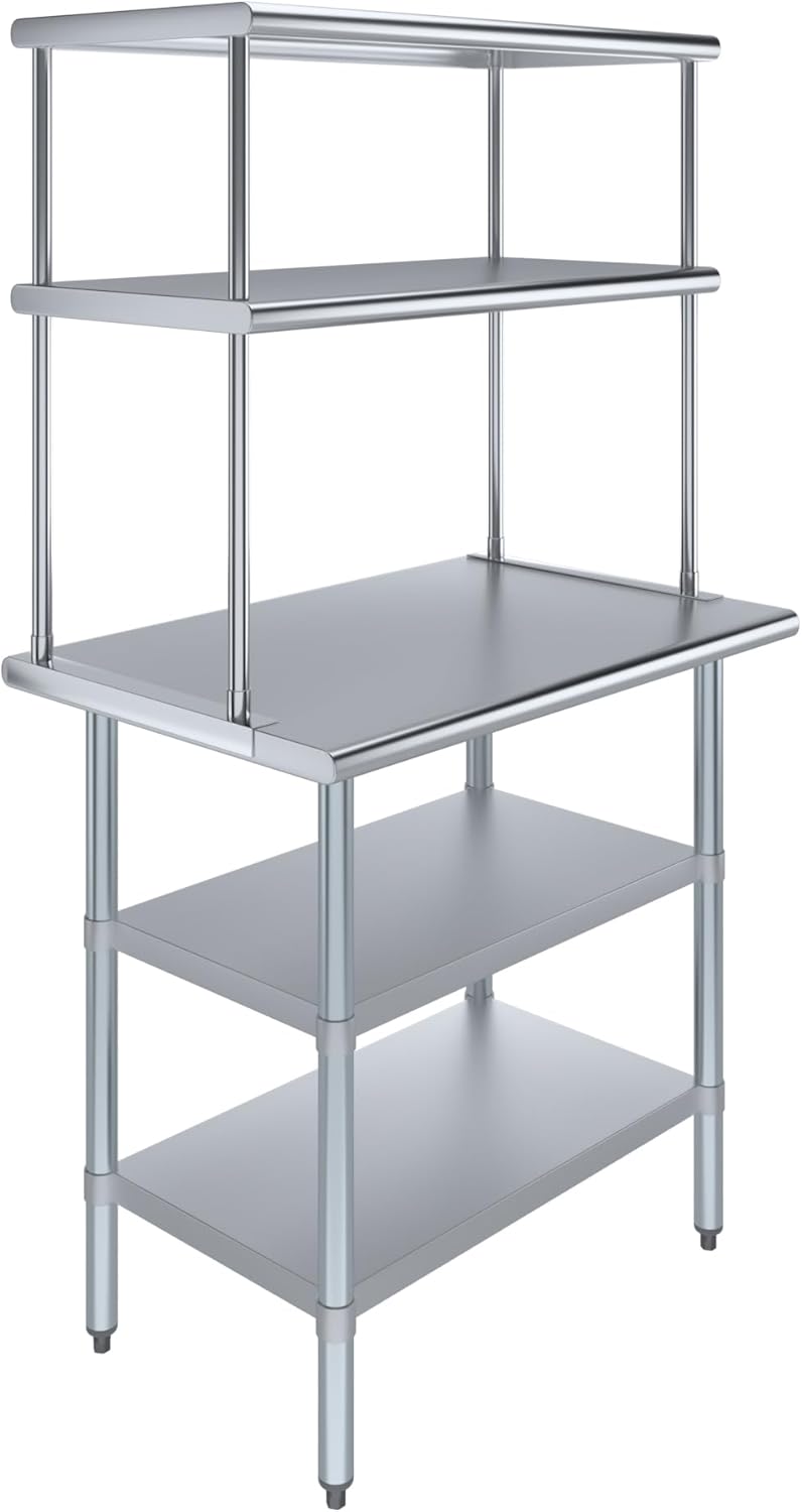 Amgood Stainless Steel Work Table with 2 Shelves | Metal Kitchen Prep Table & Shelving Combo (24" x 36" Table with 2 Shelves + 18" Overshelf)