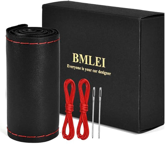 Steering Wheel Cover with Top Layer Genuine Leather and Anti-Slip Design, Soft Padding, Breathable, Universal 15 Inch Stitch on Wrap